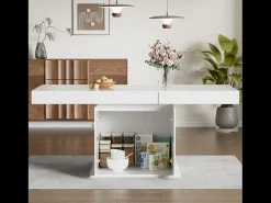 Mesa de comedor extensible con almacenaje, función automática, Aglomerado, Blanco, (140/180x80x76 cm)