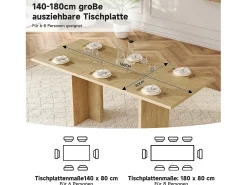 Mesa de comedor extensible - 140/180 x 80 x 75 cm - para 6 a 8 personas - estilo sencillo - MDF - natural