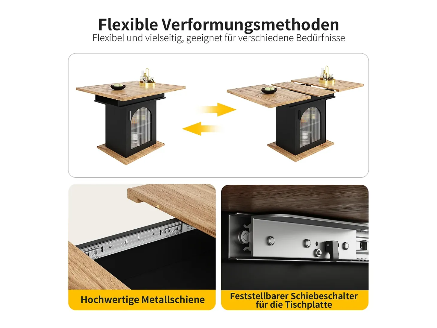 Mesa de comedor extensible para 4 a 6 personas con 1 puerta - 110/140 x 80 x 76 cm - Madera MDF - para cocina y salón - Natural + Negro