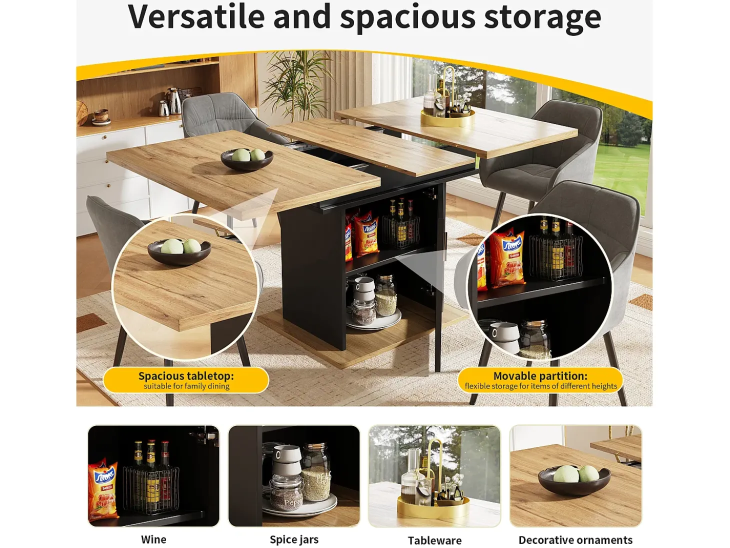Mesa de comedor extensible para 4 a 6 personas con 1 puerta - 110/140 x 80 x 76 cm - Madera MDF - para cocina y salón - Natural + Negro