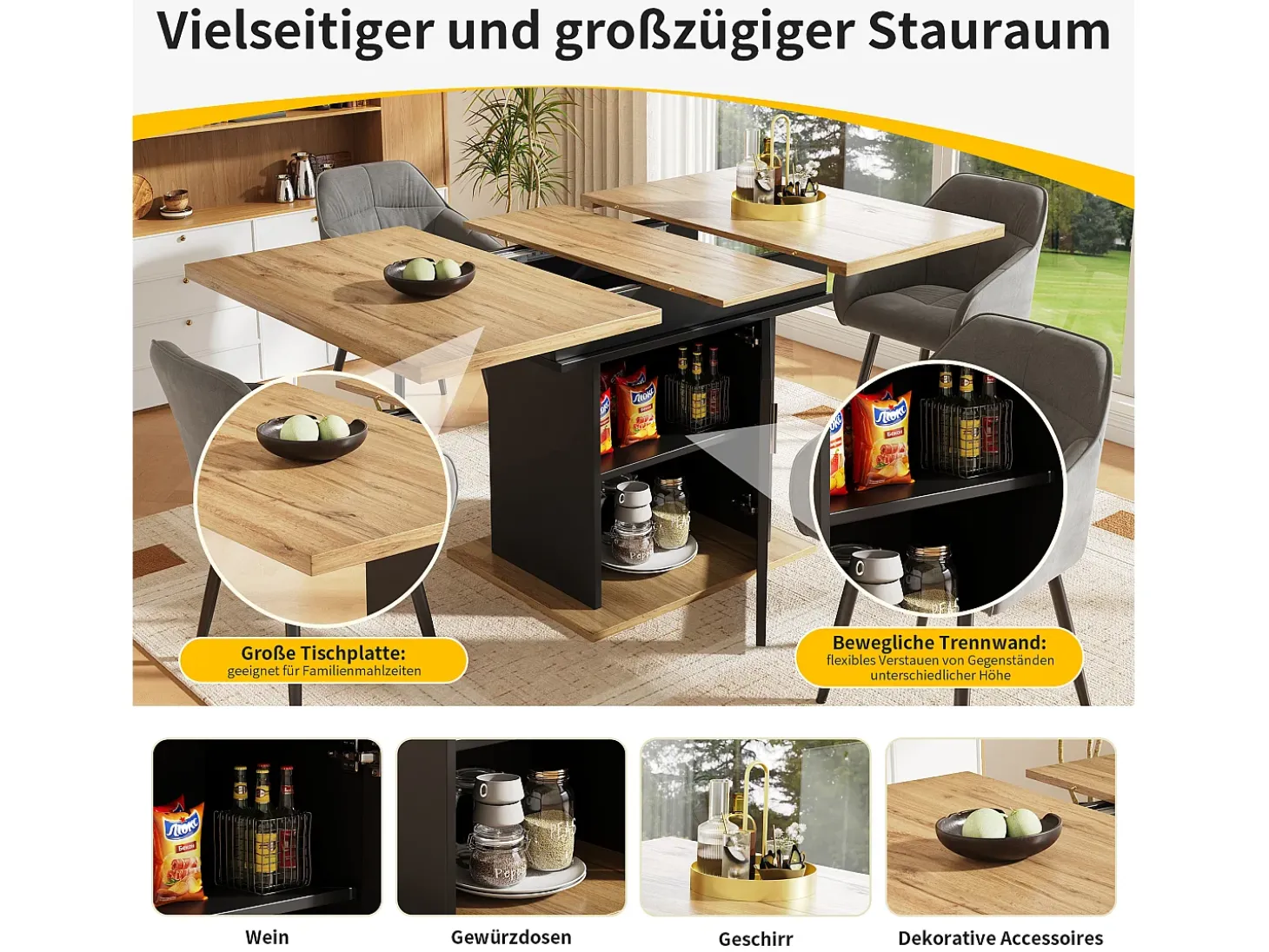 Mesa de comedor extensible para 4 a 6 personas con 1 puerta - 110/140 x 80 x 76 cm - Madera MDF - para cocina y salón - Natural + Negro