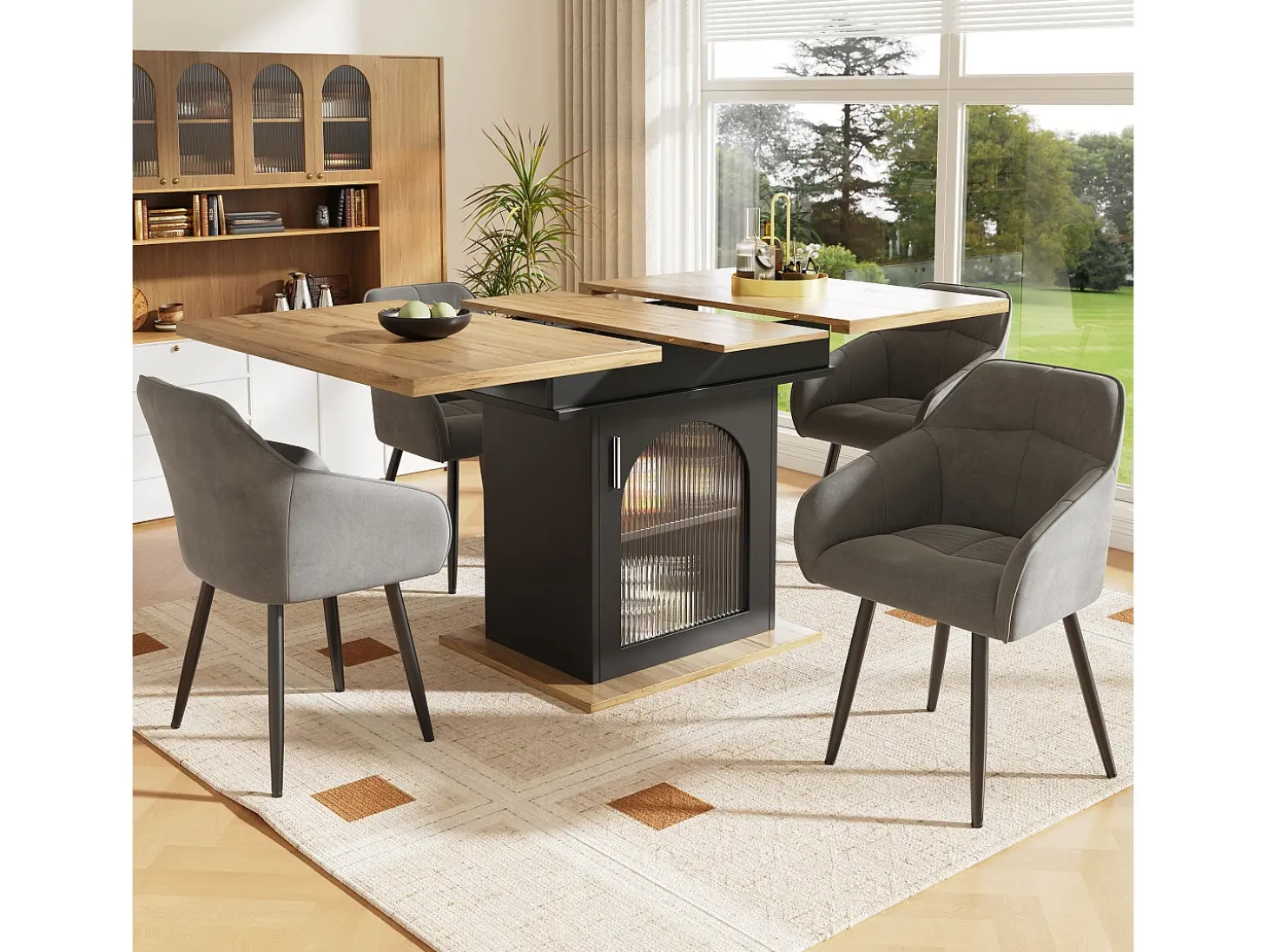Mesa de comedor extensible para 4 a 6 personas con 1 puerta - 110/140 x 80 x 76 cm - Madera MDF - para cocina y salón - Natural + Negro