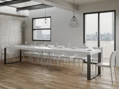 Mesa de comedor extensible tiroz-Color Blanco-Base y soporte con ruedas-5 alargaderas finas-Ancho extensible