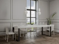 Mesa de comedor extensible tiroz-Color Blanco-Base y soporte con ruedas-5 alargaderas finas-Ancho extensible