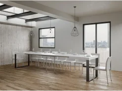 Mesa de comedor extensible tiroz-Color Blanco-Base y soporte con ruedas-5 alargaderas finas-Ancho extensible