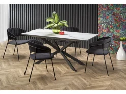 Mesa de comedor extensible ODUNA con tablero de aspecto mármol y pata central de metal negro