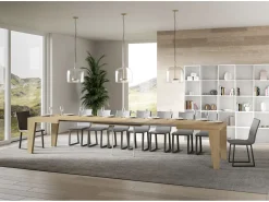 Mesa de comedor extensible de madera Naxo.-Color Natural-Base y soporte con ruedas-5 alargaderas finas-Ancho extensible