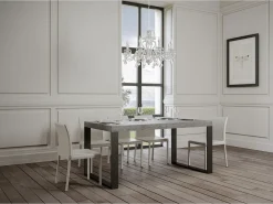 Mesa de comedor extensible tiroz-Color Gris cemento-Base y soporte con ruedas-Alargaderas -Ancho extensible