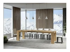 Mesa de comedor extensible de madera Ribo-Color Natural-Soporte 4 pies-5 alargaderas finas-Ancho extensible