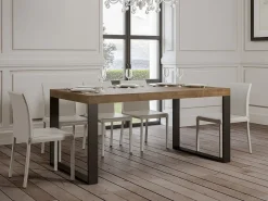 Mesa de comedor extensible tiroz-Color Marrón-Base y soporte con ruedas-5 alargaderas finas-Ancho extensible