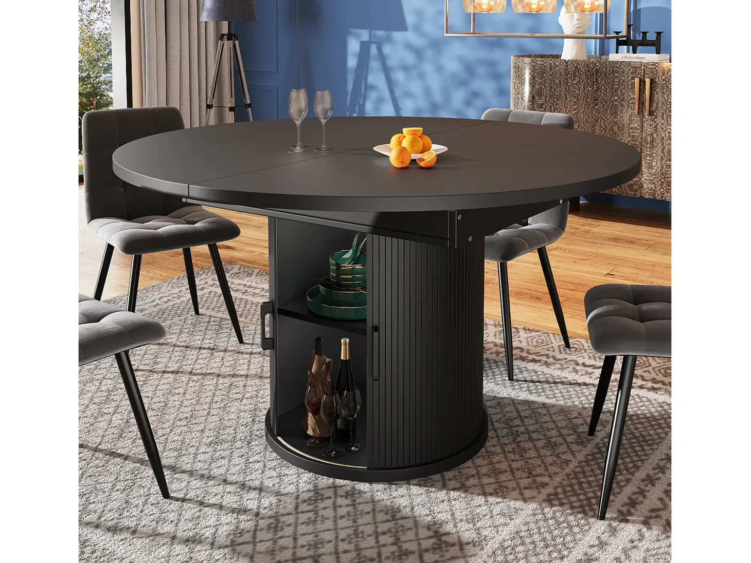 Mesa de comedor extensible, 118-158 cm, negra, mesa de comedor redonda con espacio de almacenamiento