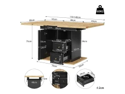 Mesa de comedor extensible para 6 personas - 110/140 x 80 x 75 cm - con puerta y cajones - MDF + metal - natural