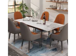 Mesa de comedor extensible de piedra sinterizada con efecto mármol blanco para 4 a 8 comensales 130-160cm