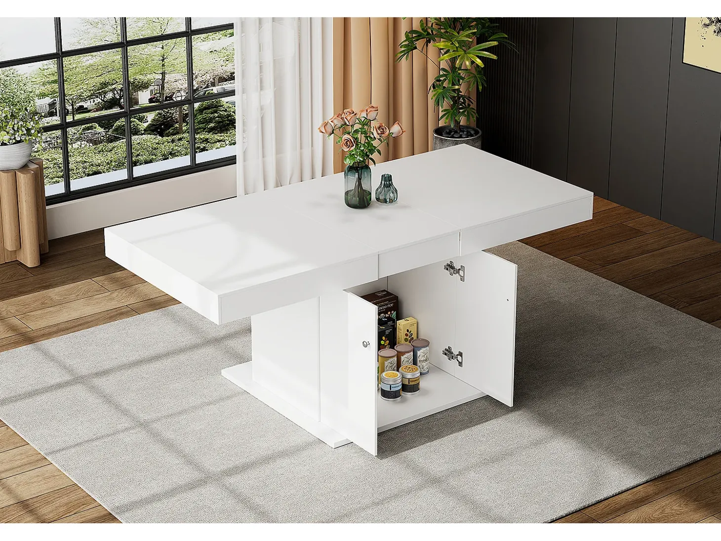 Mesa de comedor extensible - 4 a 8 personas - con espacio de almacenamiento - Tablero de partículas blancas - 140/180x80x76cm