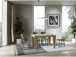 Mesa de comedor extensible de madera Kristo patas en V-Color Natural-Base y soporte con ruedas-5 alargaderas finas-Ancho extensible