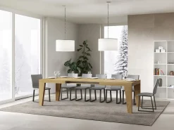 Mesa de comedor extensible de madera Naxo.-Color Natural-Soporte 2 pies-Alargaderas -Ancho extensible