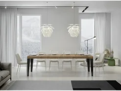 Mesa de comedor extensible Flavio-Color Natural-Base y soporte con ruedas-Alargaderas -Ancho extensible