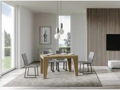 Mesa de comedor extensible de madera Naxo.-Color Natural-Soporte 4 pies-5 alargaderas finas-Ancho extensible