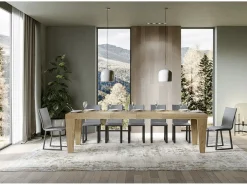 Mesa de comedor extensible de madera Kristo patas en V-Color Gris cemento-Base y soporte con ruedas-5 alargaderas finas-Ancho extensible