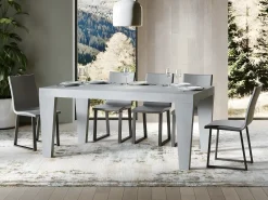 Mesa de comedor extensible de madera Kristo patas en V-Color Gris cemento-Base y soporte con ruedas-5 alargaderas finas-Ancho extensible