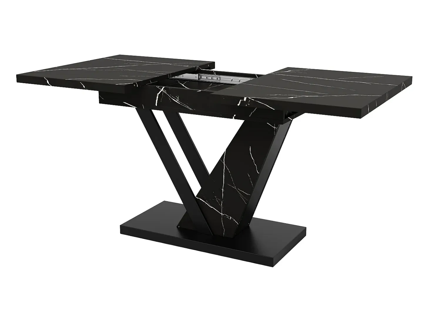 Mesa de comedor extensible (120-160×75×75,5 cm), MDF+Metal, con estampado de mármol negro