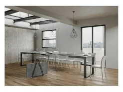 Mesa de comedor extensible tiroz-Color Gris cemento-Base y soporte con ruedas-5 alargaderas finas-Ancho extensible