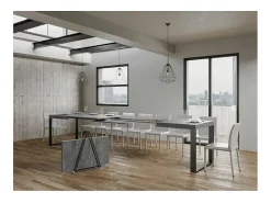 Mesa de comedor extensible tiroz-Color Gris cemento-Base y soporte con ruedas-5 alargaderas finas-Ancho extensible