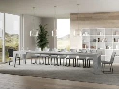 Mesa de comedor extensible de madera Naxo.-Color Gris cemento-Soporte 4 pies-5 alargaderas finas-Ancho extensible