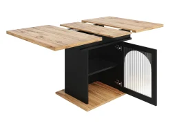 Mesa de comedor extensible para 6-8 personas con 1 puerta de cristal, tablero de chapa de madera veteada natural clara, cuerpo negro - 110/140x80x76cm