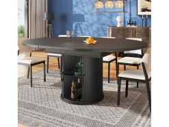 Mesa de comedor extensible redonda/ovalada, MDF, nogal/negro (118x118x76,8cm)