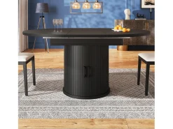 Mesa de comedor extensible redonda/ovalada, MDF, nogal/negro (118x118x76,8cm)
