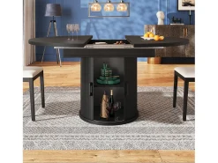 Mesa de comedor extensible redonda/ovalada, MDF, nogal/negro (118x118x76,8cm)