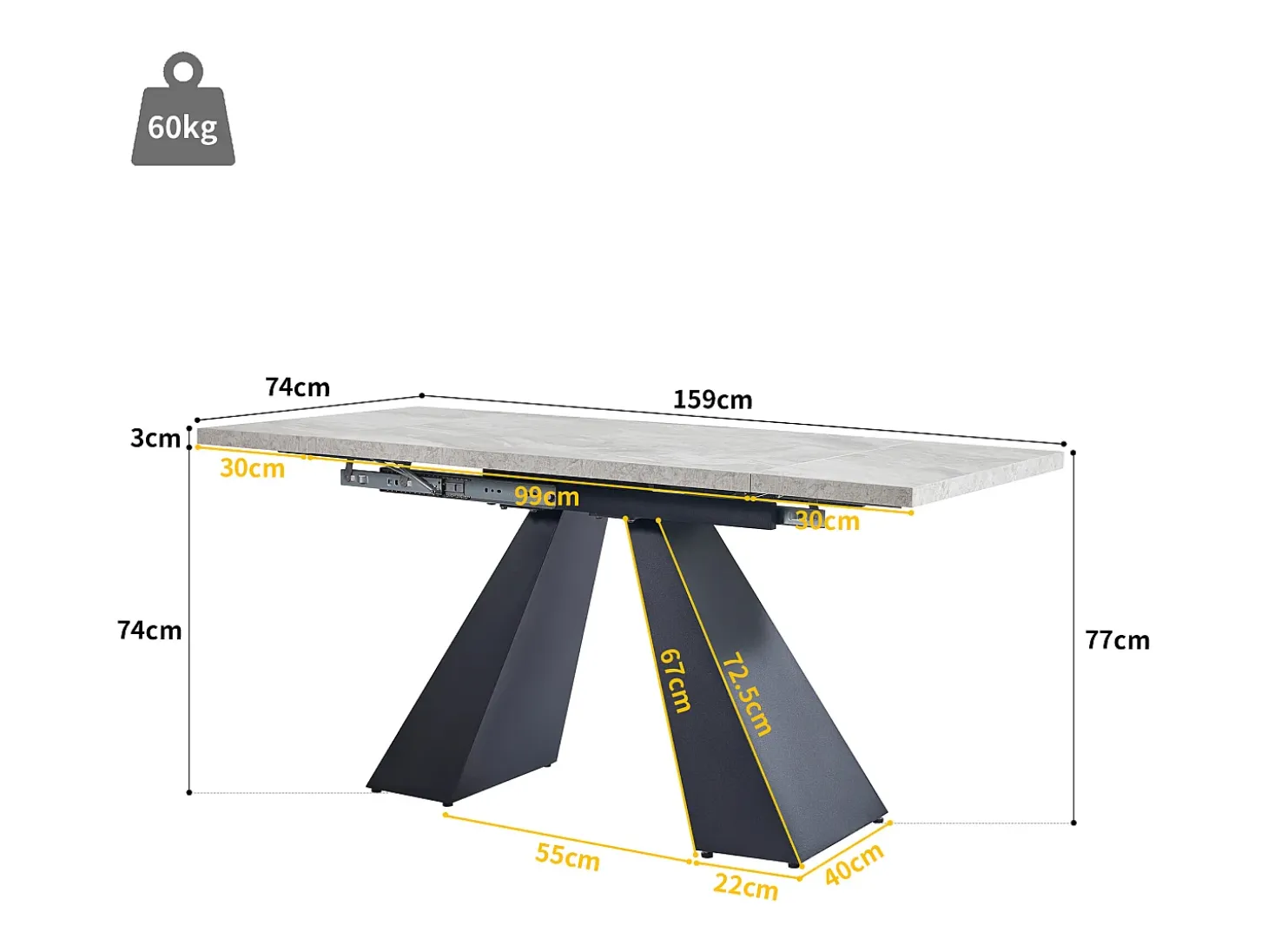 Mesa de comedor extensible 99-159 x 74 cm - 6 a 8 personas - en MDF - Negro + Gris