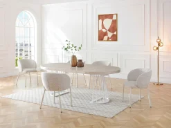 Mesa de comedor extensible para 2 a 12 personas en MDF y acero - Efecto travertino beige y blanco - FIRELA