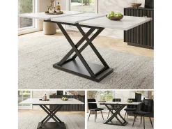 Mesa de comedor extensible - 6 a 8 personas - Efecto de mármol blanco - MDF+Metal -120/160x80cm