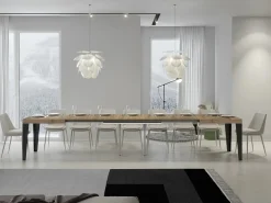 Mesa de comedor extensible Flavio-Color Natural-Soporte 2 pies-5 alargaderas finas-Ancho extensible