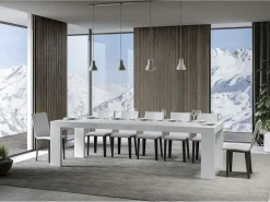 Mesa de comedor extensible de madera Ribo-Color Blanco-Soporte 4 pies-Alargaderas -Ancho extensible