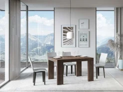 Mesa de comedor extensible de madera Ribo-Color Marrón-Base y soporte con ruedas-Alargaderas -Ancho extensible