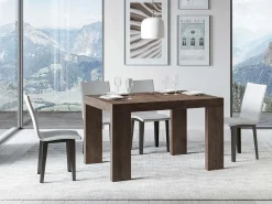 Mesa de comedor extensible de madera Ribo-Color Marrón-Base y soporte con ruedas-Alargaderas -Ancho extensible