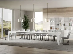 Mesa de comedor extensible de madera Naxo.-Color Blanco-Soporte 4 pies-5 alargaderas finas-Ancho extensible