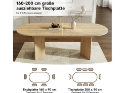Mesa de comedor extensible - 160/200 x 90 x 75 cm - para 4 a 6 personas - estilo sencillo - MDF - natural