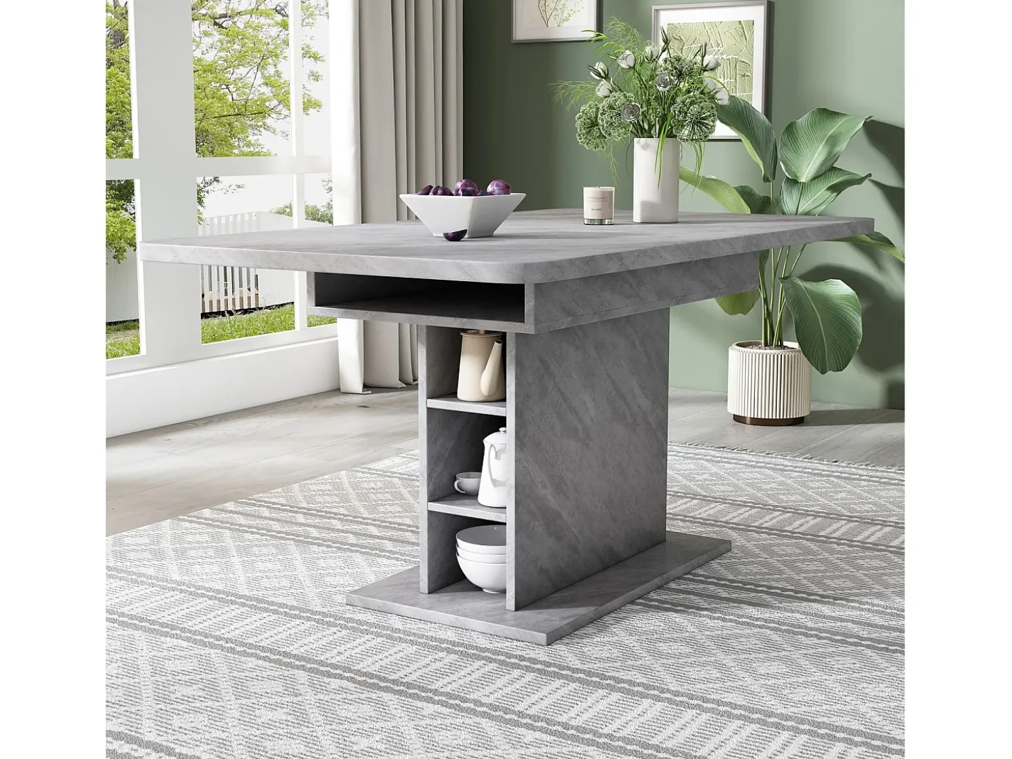 Mesa de comedor extensible - 6 a 8 personas - con 6 nichos - Efecto de concreto gris - Paneles de partículas - 110/130x70cm