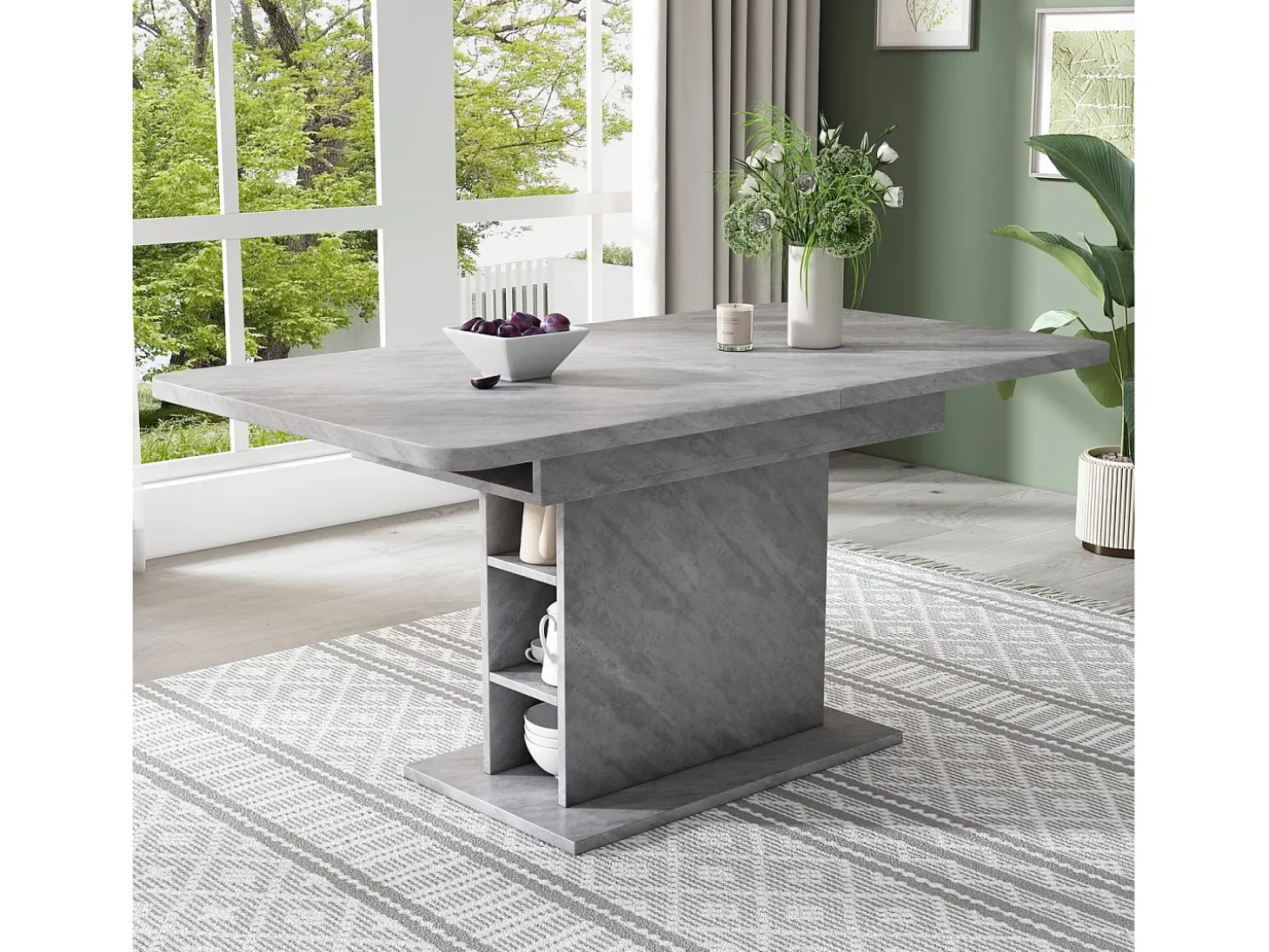 Mesa de comedor extensible - 6 a 8 personas - con 6 nichos - Efecto de concreto gris - Paneles de partículas - 110/130x70cm