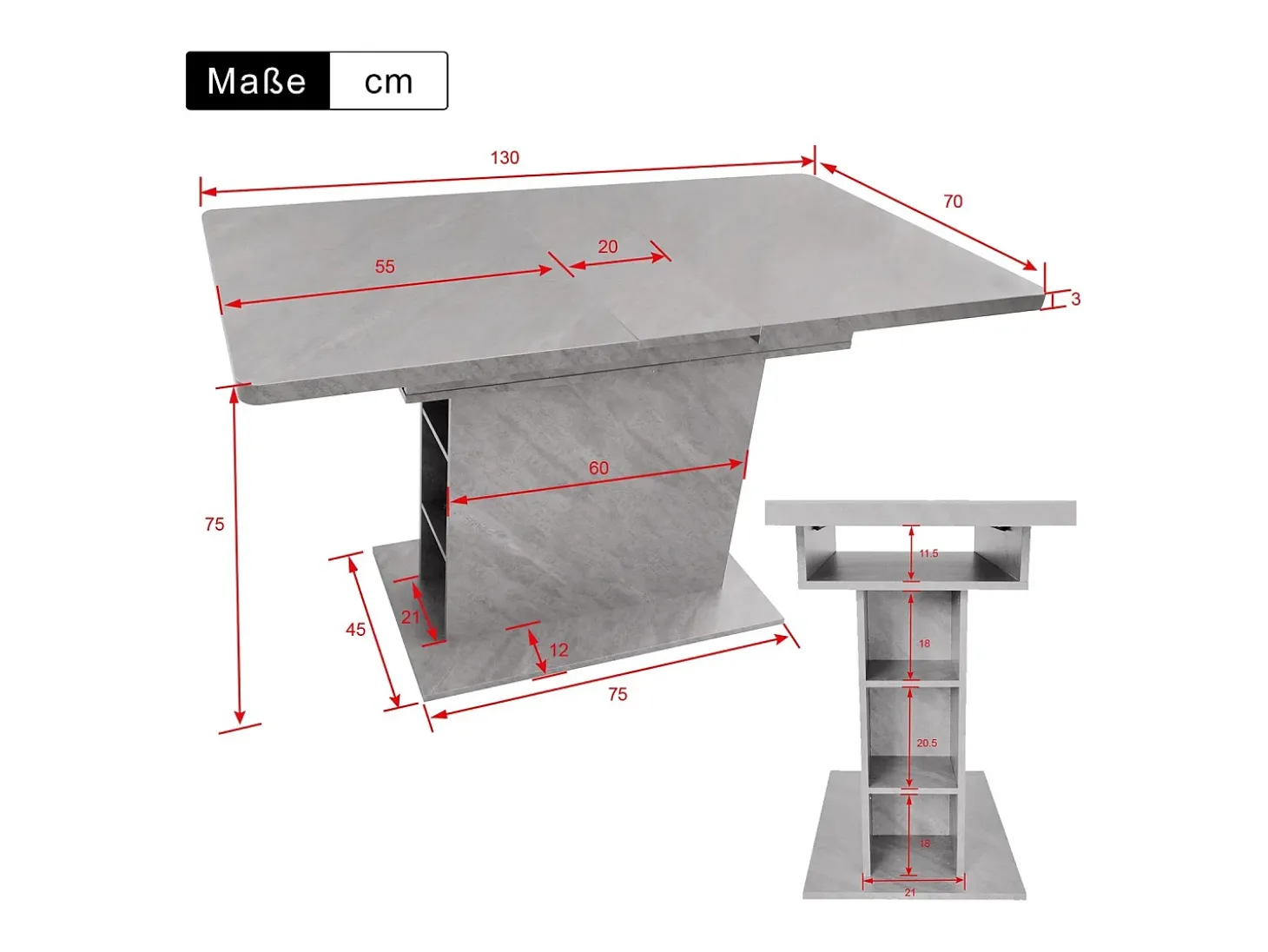 Mesa de comedor extensible - 6 a 8 personas - con 6 nichos - Efecto de concreto gris - Paneles de partículas - 110/130x70cm