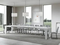 Mesa de comedor extensible de madera Kristo patas en V-Color Blanco-Soporte 4 pies-5 alargaderas finas-Ancho extensible