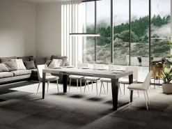Mesa de comedor extensible Flavio-Color Blanco-Soporte 2 pies-5 alargaderas finas-Ancho extensible