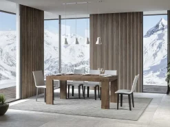 Mesa de comedor extensible de madera Ribo-Color Marrón-Base y soporte con ruedas-Alargaderas -Ancho extensible