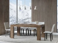Mesa de comedor extensible de madera Ribo-Color Marrón-Base y soporte con ruedas-Alargaderas -Ancho extensible