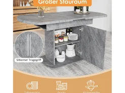 Mesa de comedor extensible ovalada con espacio de almacenaje, diseño moderno, aspecto hormigón, con tirador plateado (110/130x70x75 cm)