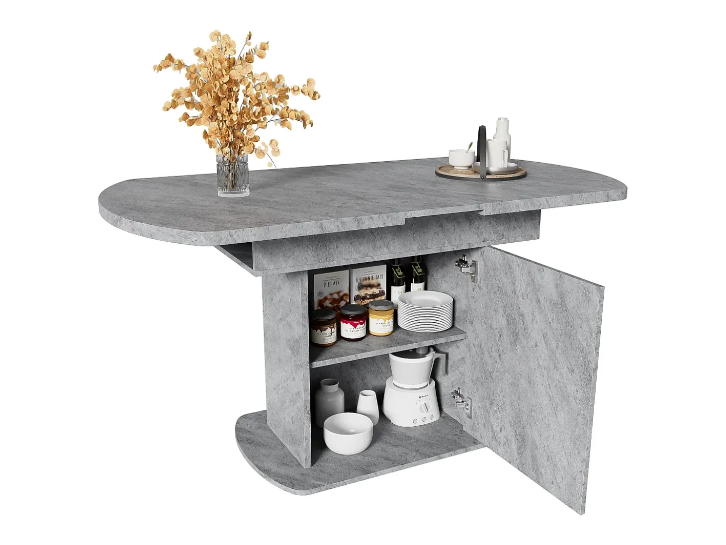 Mesa de comedor extensible ovalada con espacio de almacenaje, diseño moderno, aspecto hormigón, con tirador plateado (110/130x70x75 cm)